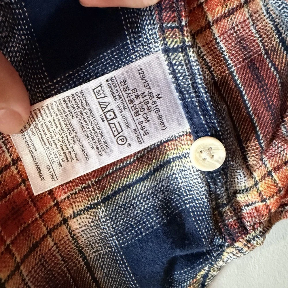 Gap Kids M Navy Orange Plaid Flannel 100% Cotton Button Down Shirt